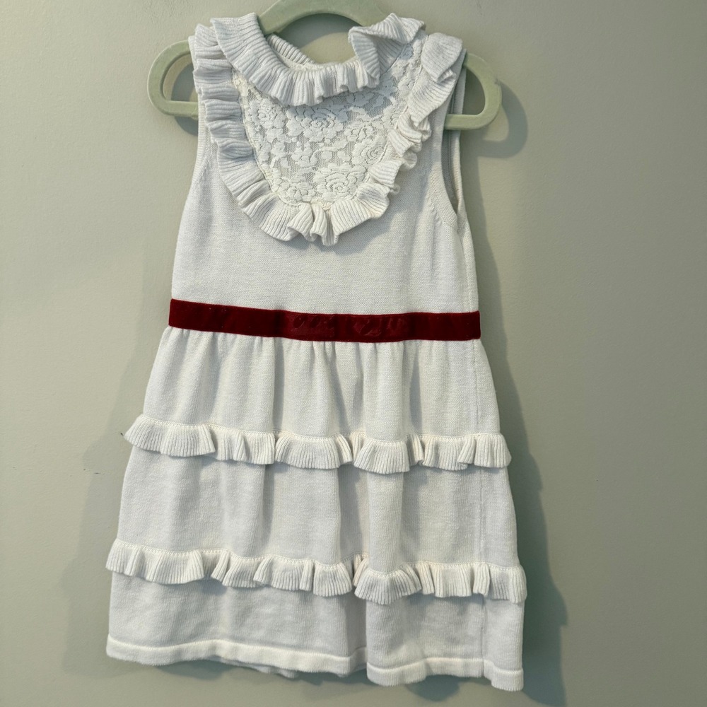 Janie and Jack Girls White Ruffle Sweater Dress Red Velvet Ribbon Lace Bib 4